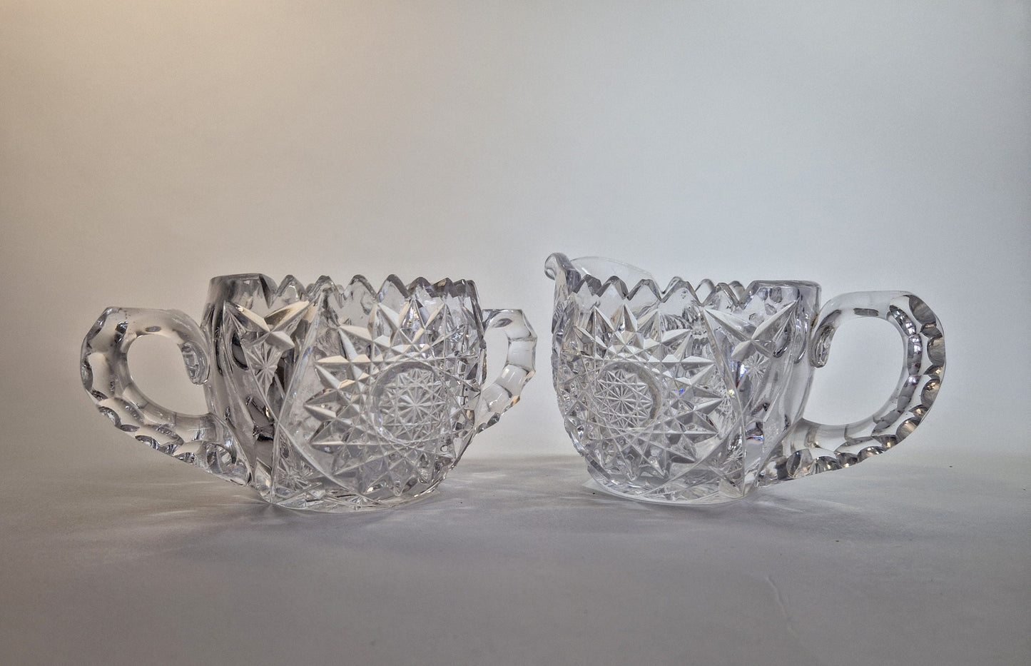 Vintage Hobstar Crystal Glass Sugar Bowl and Creamer. c1900-1920s