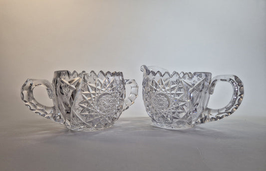 Vintage Hobstar Crystal Glass Sugar Bowl and Creamer. c1900-1920s