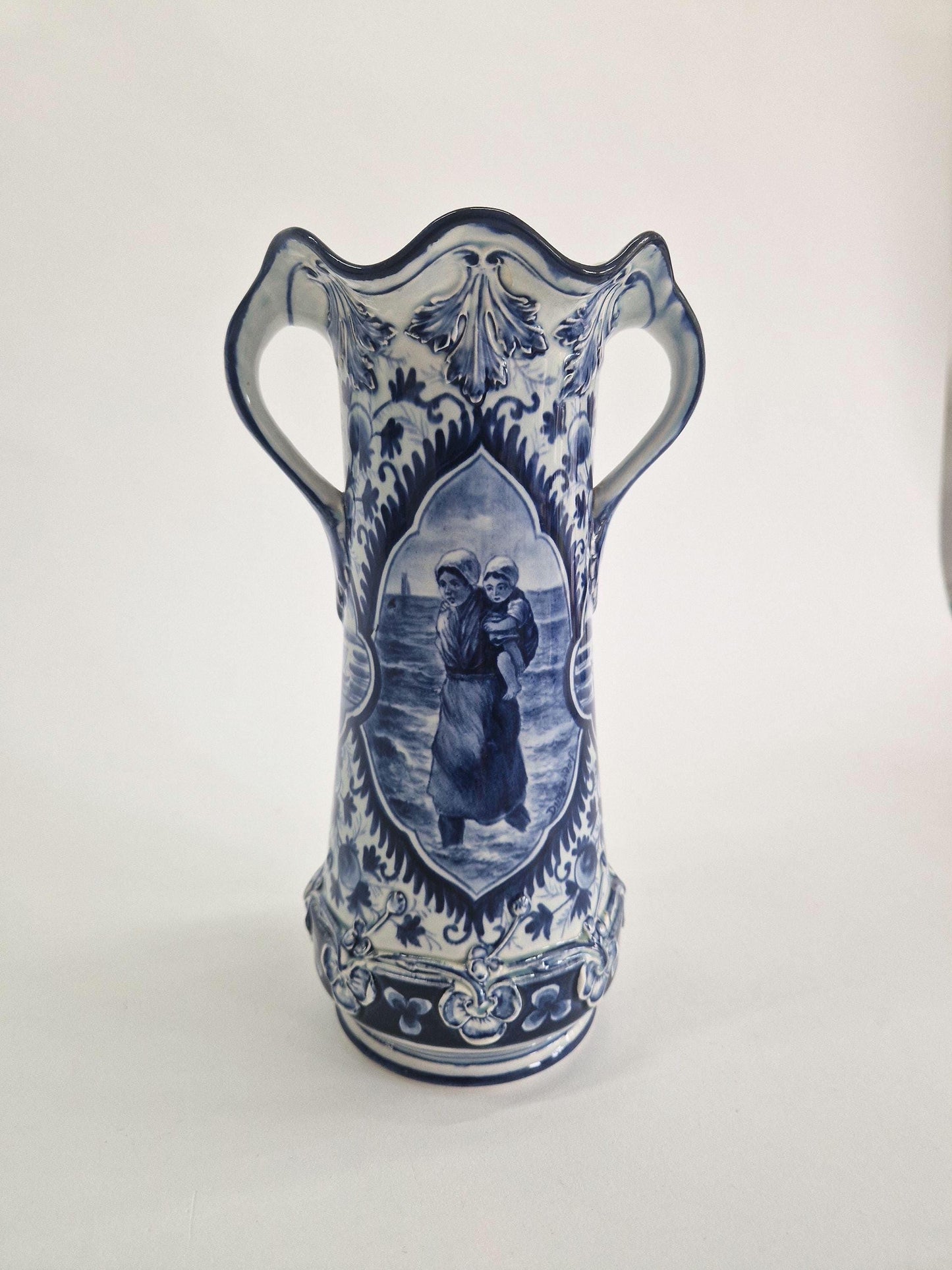 Vintage Blue and White Delft Vase with Handles, signed Digendorf. Hand Painted. c1880