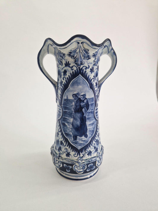 Vintage Blue and White Delft Vase with Handles, signed Digendorf. Hand Painted. c1880