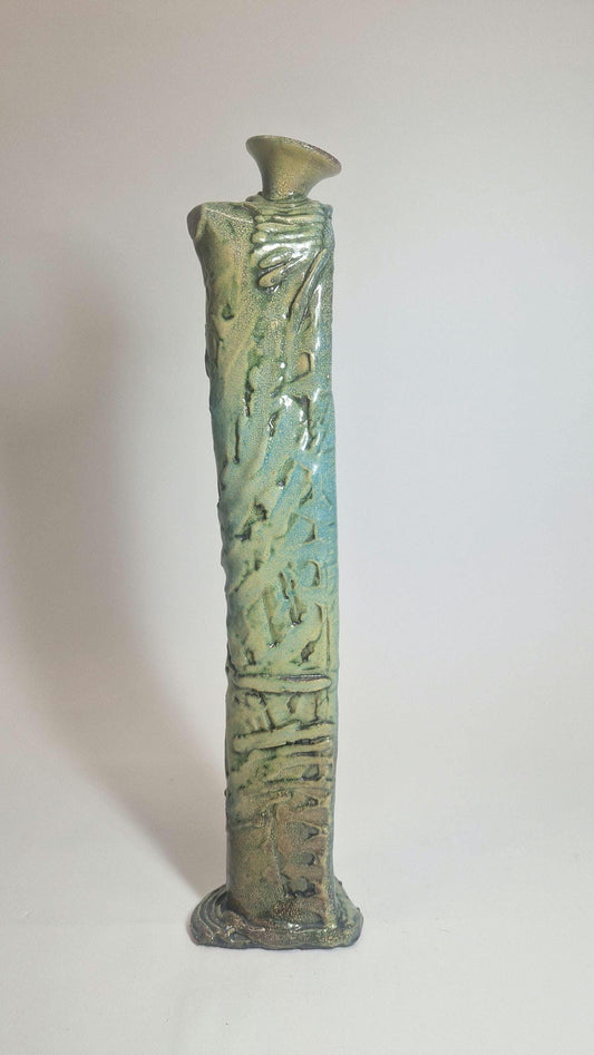 Handcrafted Brutalist Art Vase: Turquoise & Brown Earthenware