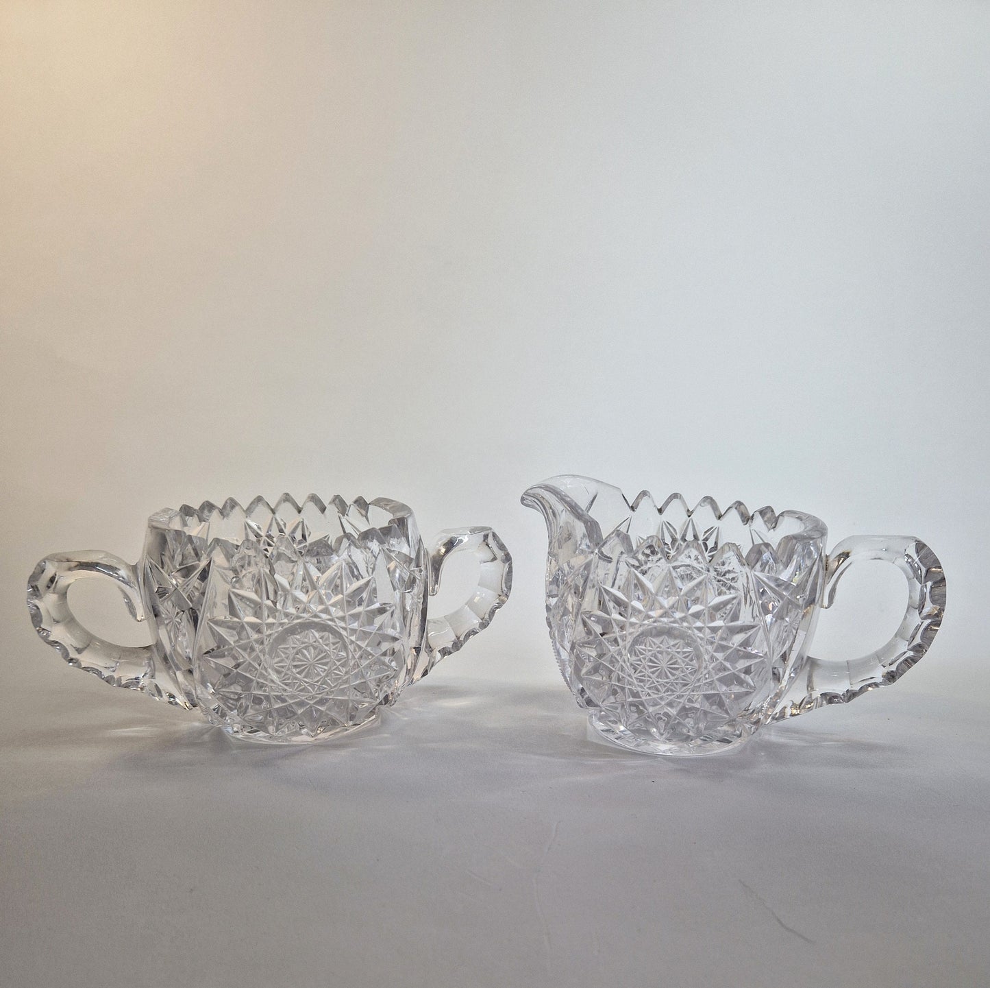Vintage Hobstar Crystal Glass Sugar Bowl and Creamer. c1900-1920s