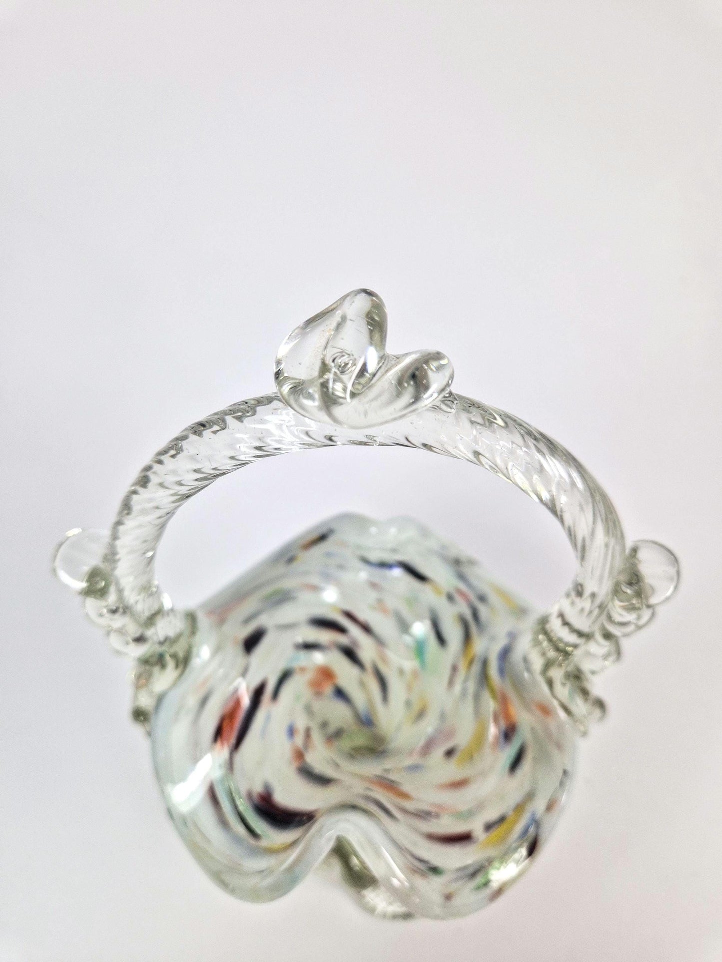 Vintage Victorian Style Romanian Glass Basket with Handle. Spattered Design , Posy Vase. c1960s