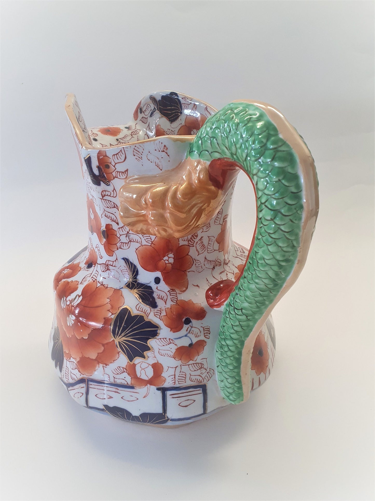 Reproduction Snake Handle Mason Jug: Orange Floral Display Vase