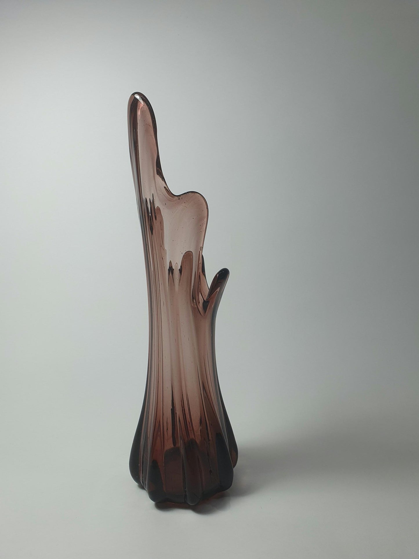 Mid Century Smoky Amber Glass Vase: 5 Finger Swung Posy, 1970s