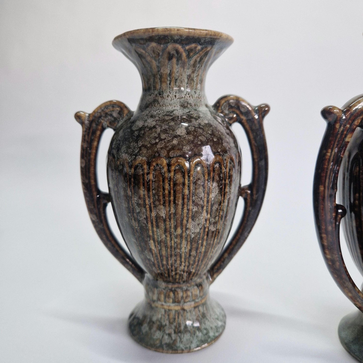 Vintage Grecian Urns: Brown & Grey Mottled Dripware Glaze, Mid Century Pair