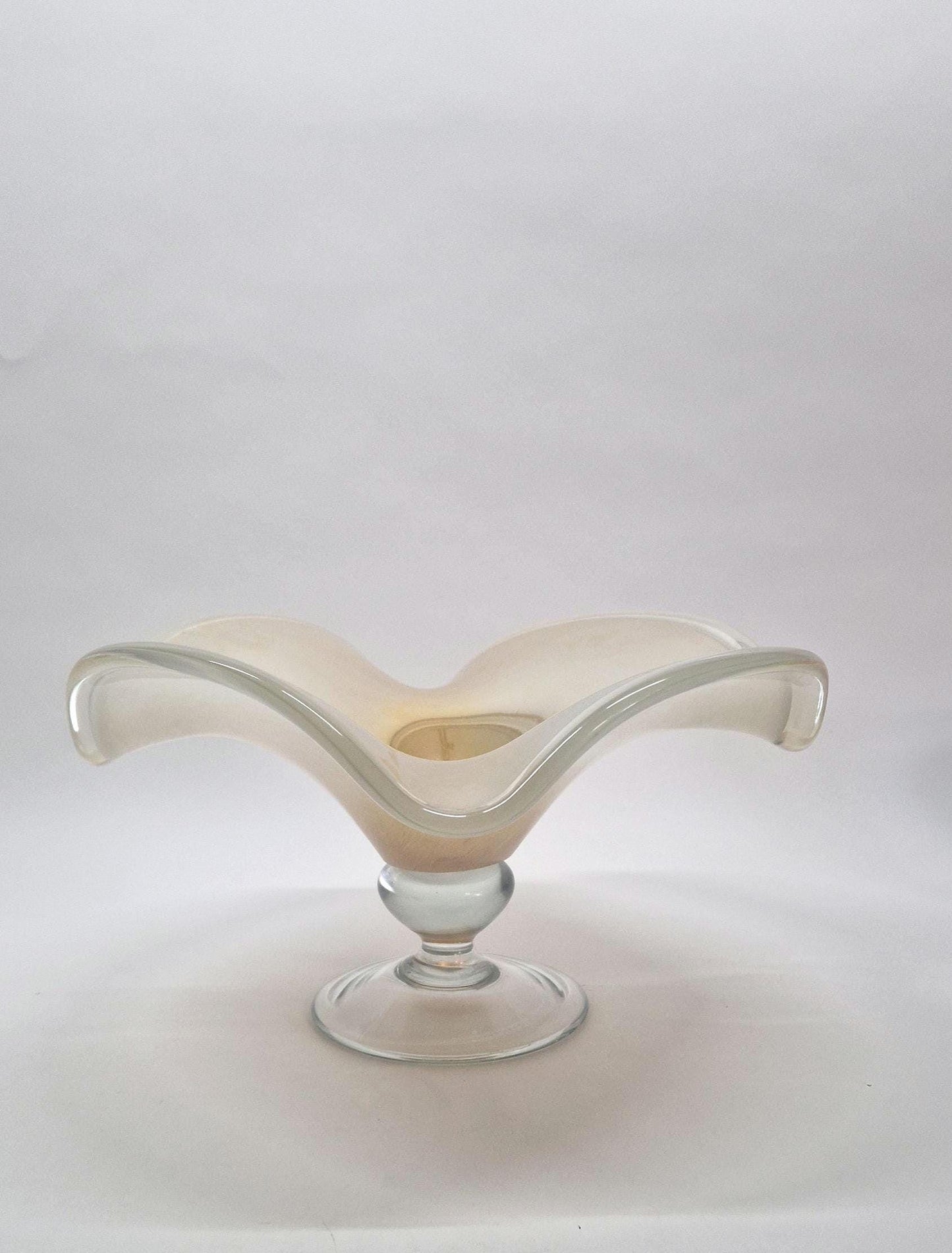 Vintage Wavy Pearlescent Glass Bowl, attributed to Tomarro, Murano Glass.