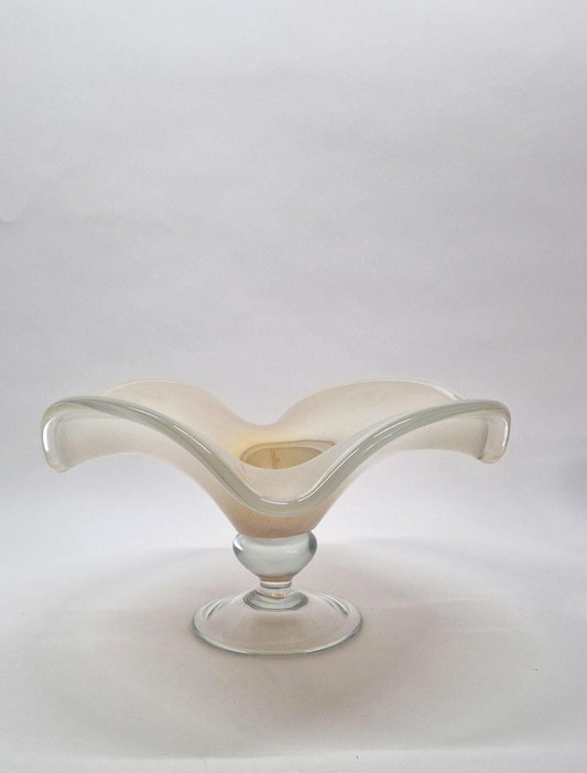 Vintage Wavy Pearlescent Glass Bowl, attributed to Tomarro, Murano Glass.