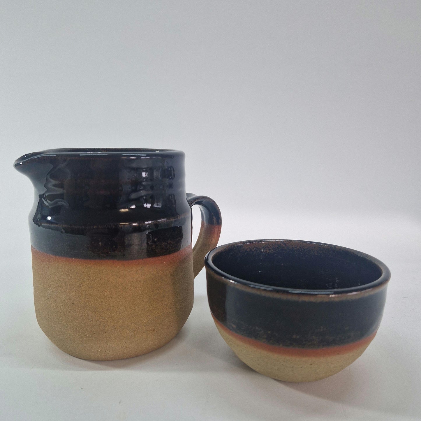 Vintage Rustic Milk Jug and Sugar Bowl. Hand Thrown and Rockingham Glaze. Mid Century