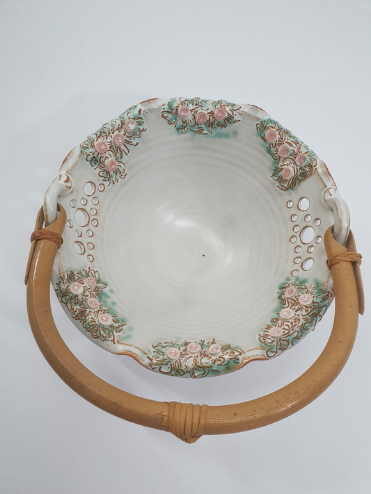 Vintage Kegworth Pottery Basket: Linda Smith Floral Bowl with Cane Handle