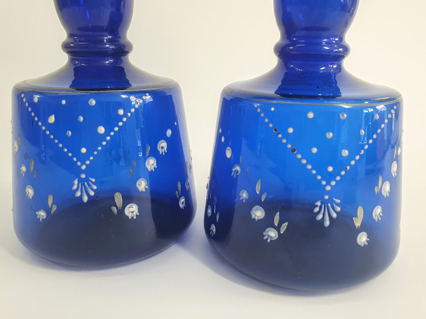 Pair of  Art Nouveau Bristol Blue Vases with Lily of the Valley flowers. 1890-1910