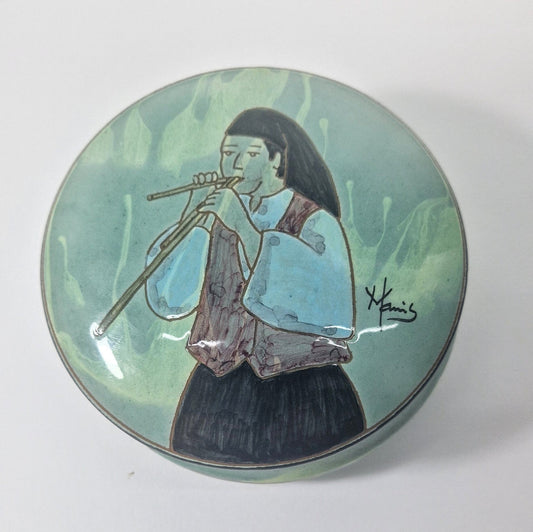 Vintage Italian Ceramic Jewellery Box with Lid, Hand-Painted. Pottery Signed. c 1985-90