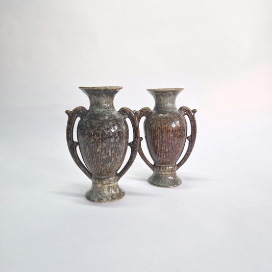 Vintage Grecian Urns: Brown & Grey Mottled Dripware Glaze, Mid Century Pair