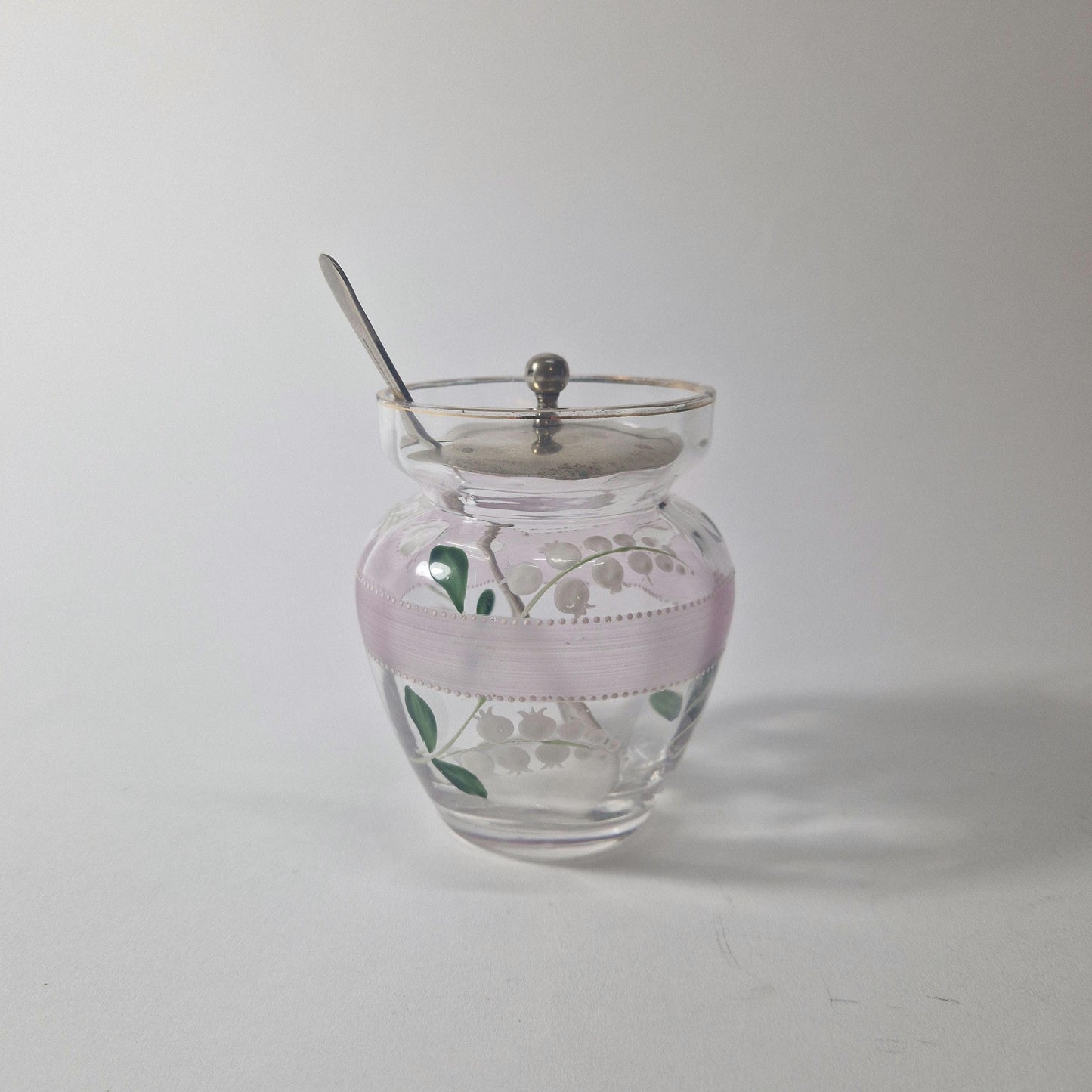 Vintage Lily of the Valley Glass Jam Jar with Silver Lid & Spoon