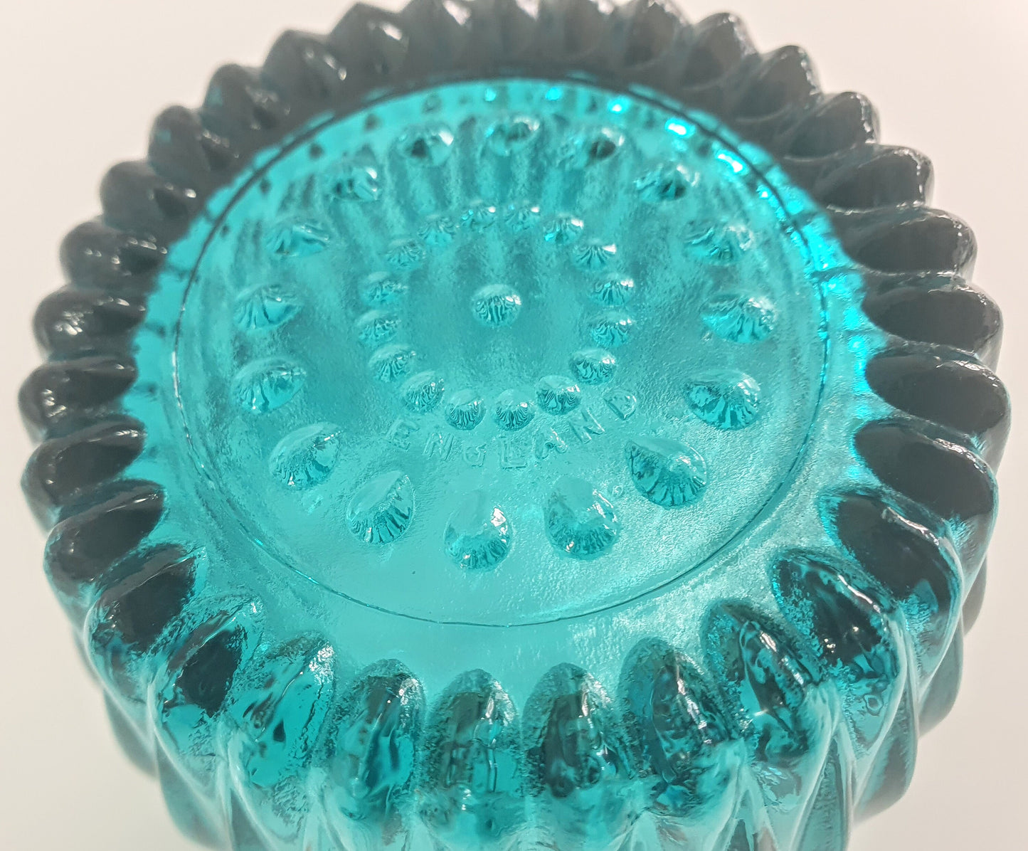Vintage Turquoise Scalloped Topped Glass Vase.  c1970