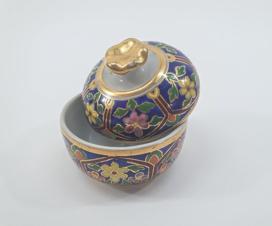 Vintage Porcelain Thai Benjarong Style Pot and Lid. c 1990