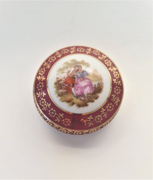 Red Limoges Porcelain Trinket Box with Fragonard's picture of Lovers. c1960's