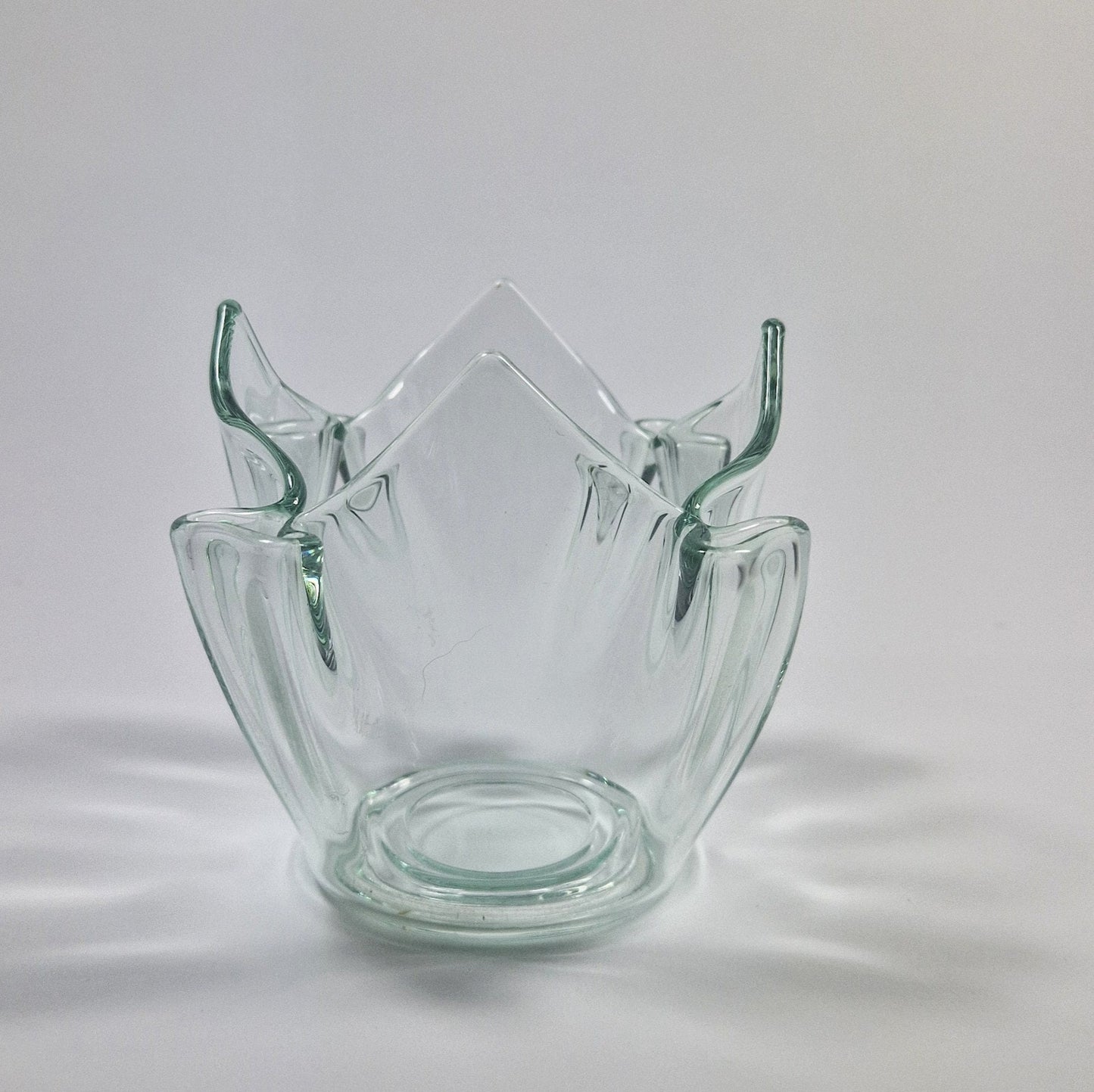 Green Tinted Art Glass Posy Vase: Bud Pockets, Votive Candle Holder, c1970s