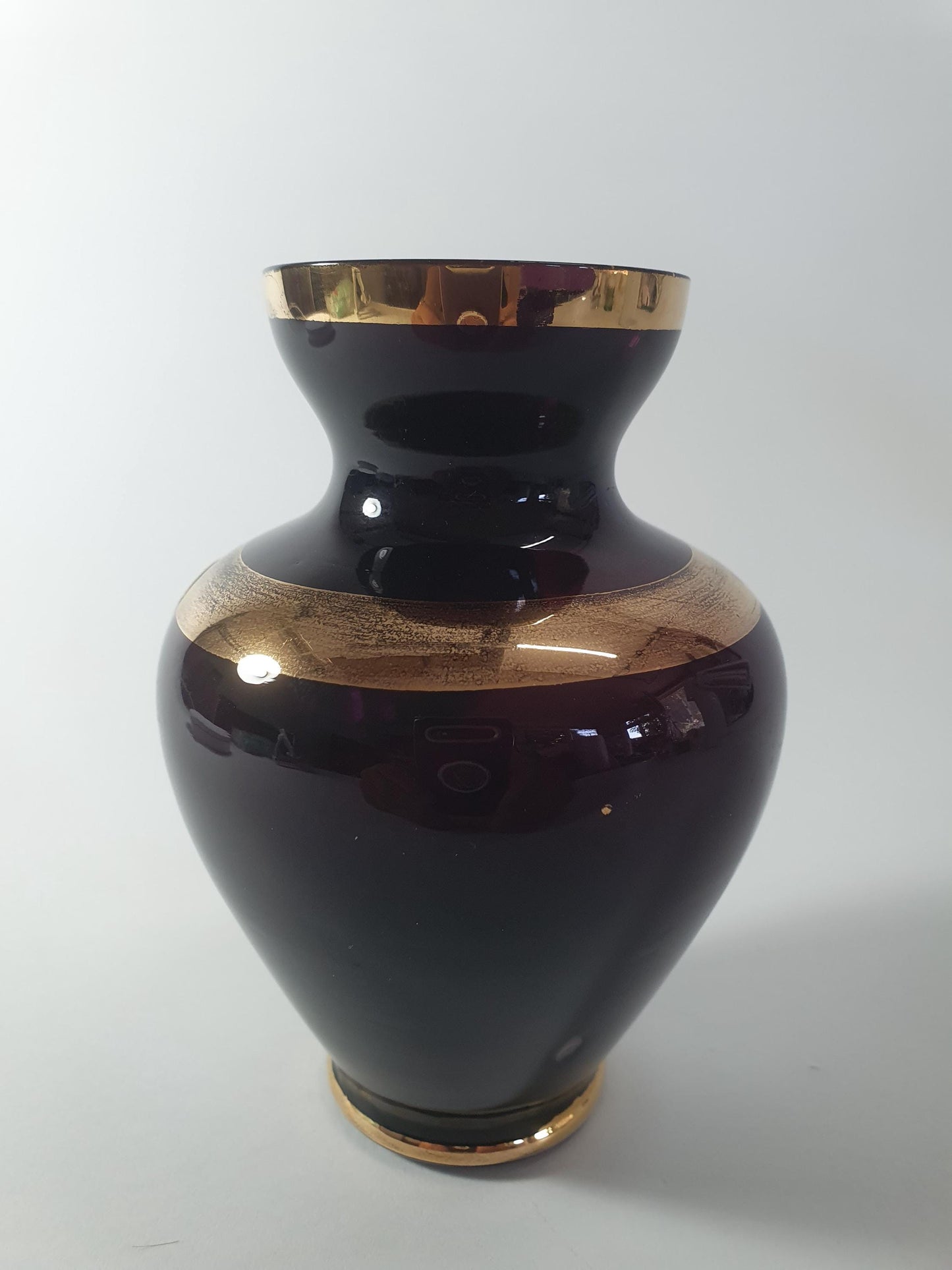 Vintage Bohemian Amethyst Glass Posy Vase with Gold Gilt and Enamelled Flowers. Mid Century