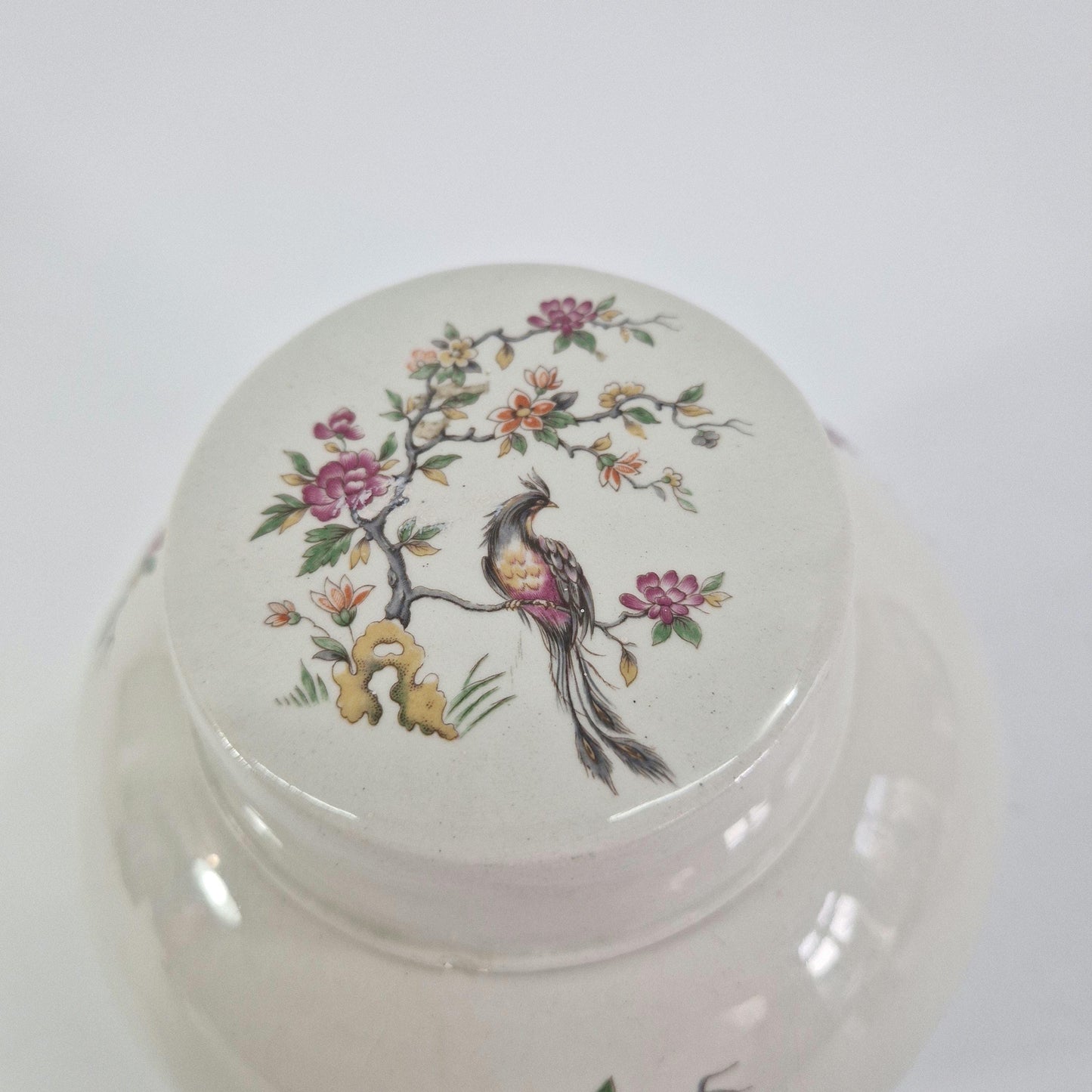 Large Vintage Ginger Jar with Bird of Paradise on Blossom Branch. Burleigh Ironstone. c1940
