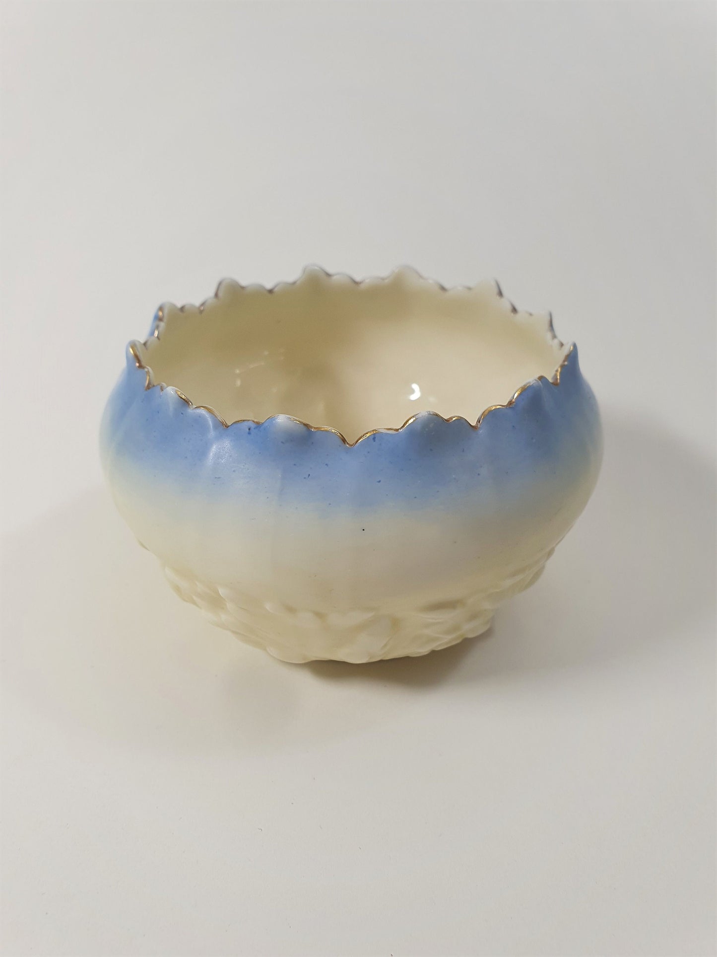 Edwardian Locke & Co Trinket Bowl: Ivory, Blush, and Blue with Gold Scalloped Edge