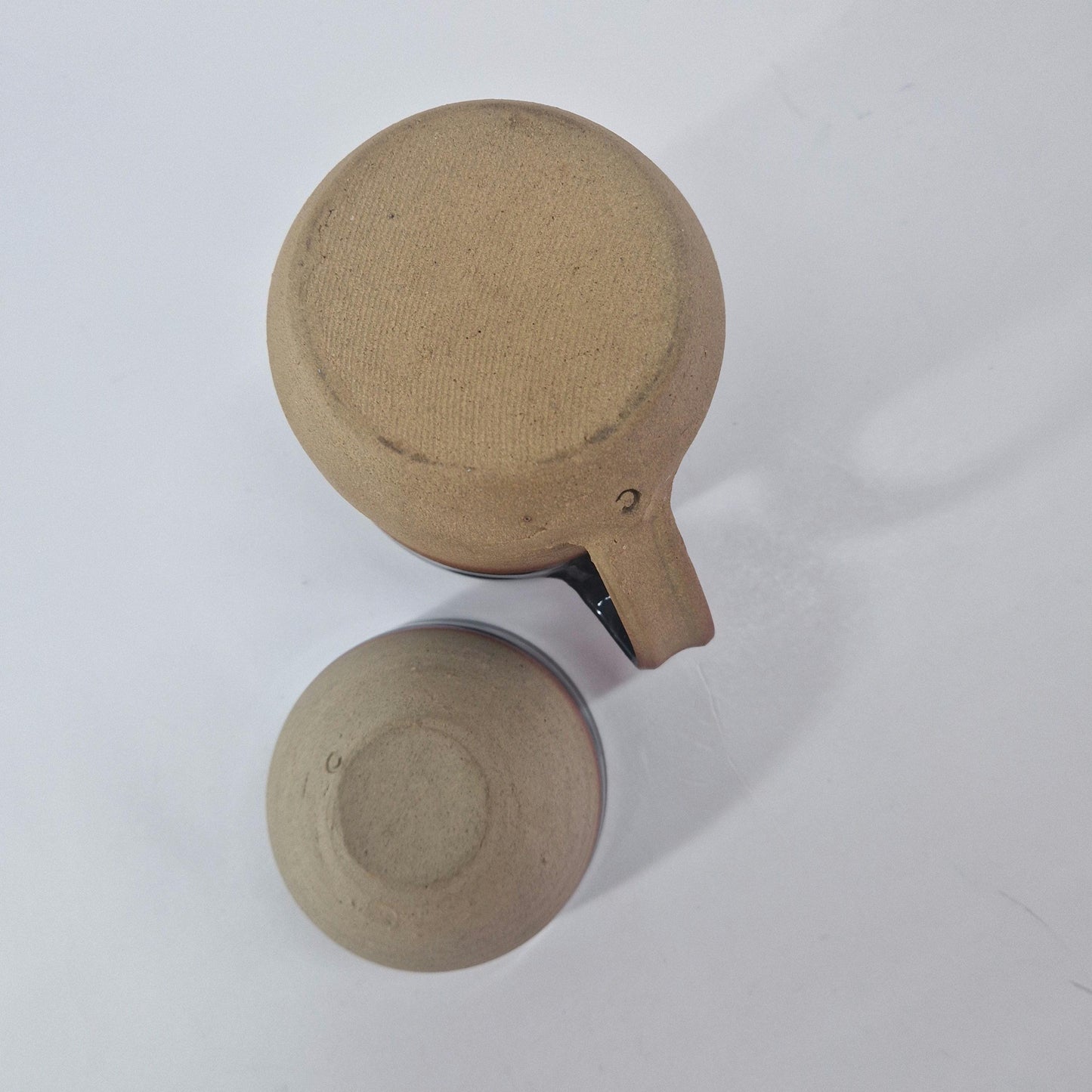 Vintage Rustic Milk Jug and Sugar Bowl. Hand Thrown and Rockingham Glaze. Mid Century