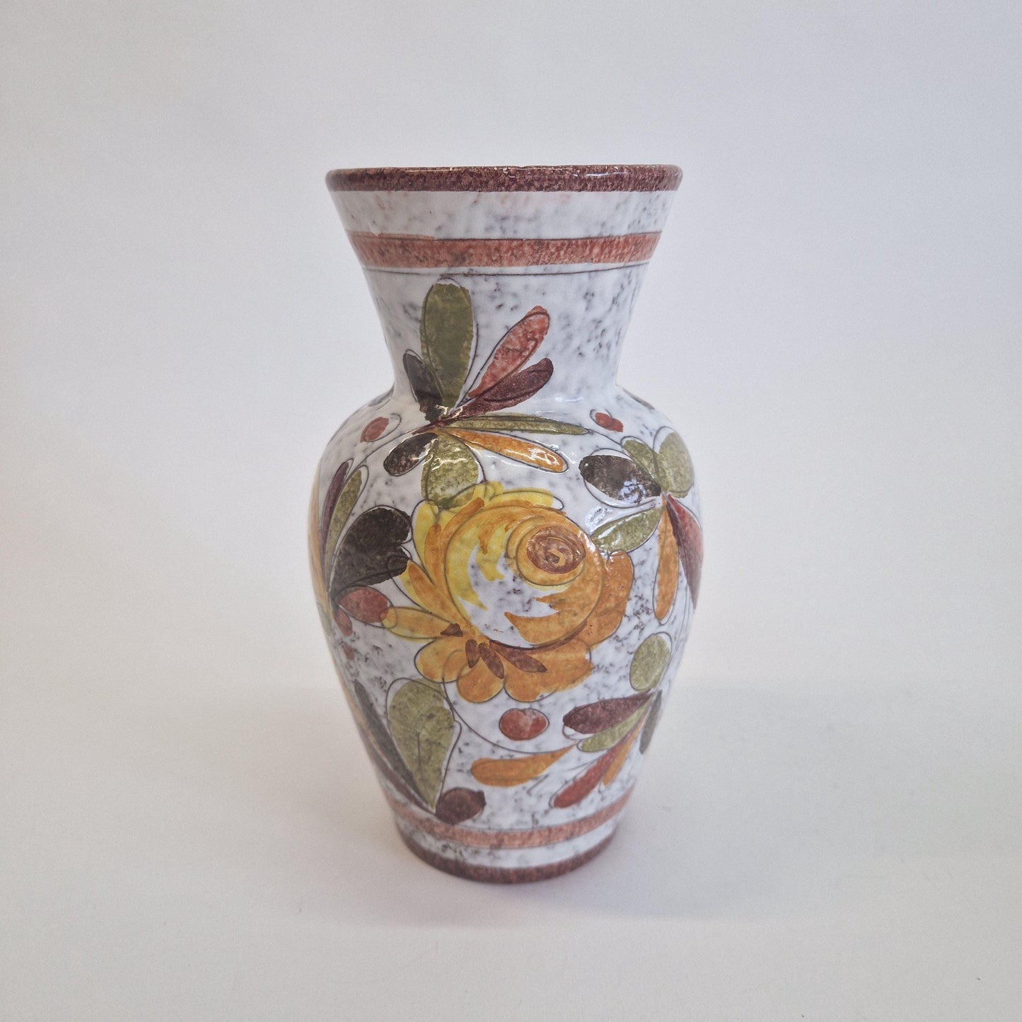 Mid Century Italian Vase, with Hand Painted Flowers and Leaves in Earth Tones.  c1960s
