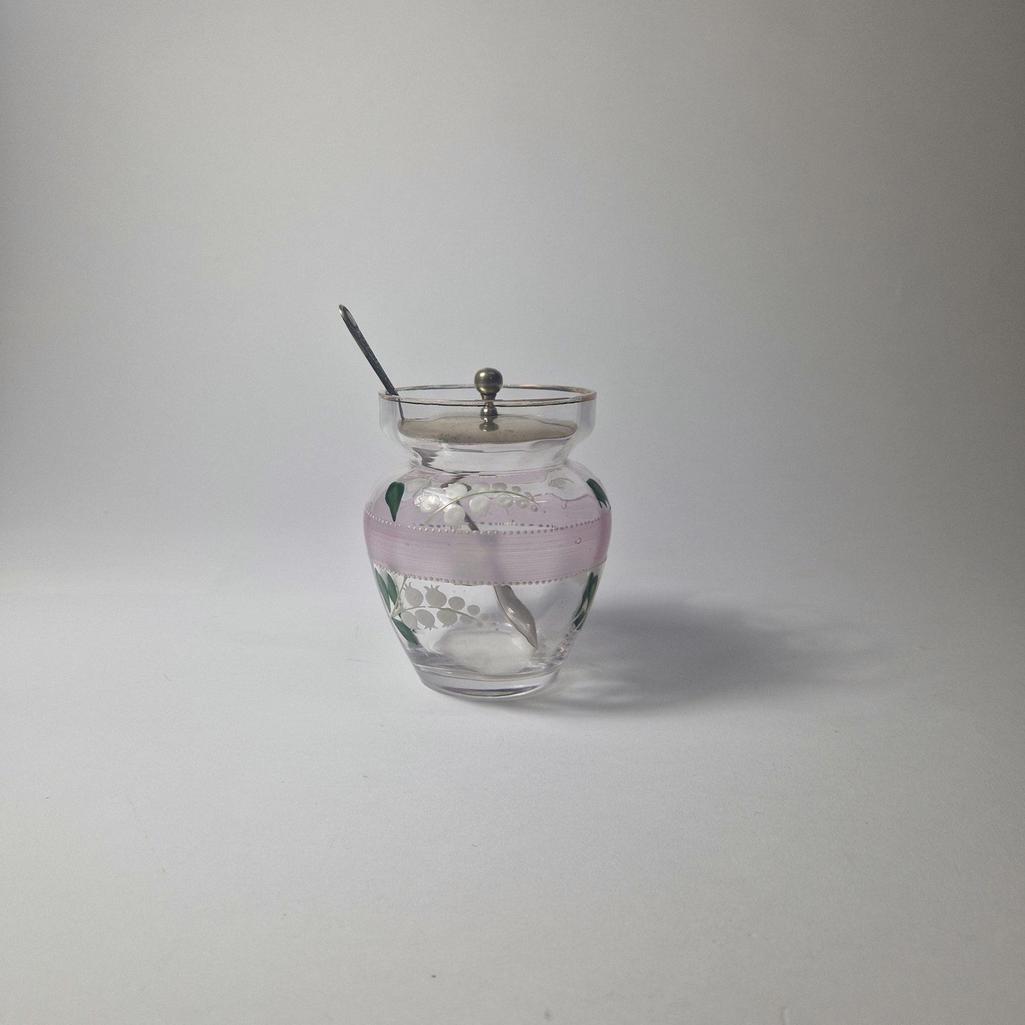 Vintage Lily of the Valley Glass Jam Jar with Silver Lid & Spoon