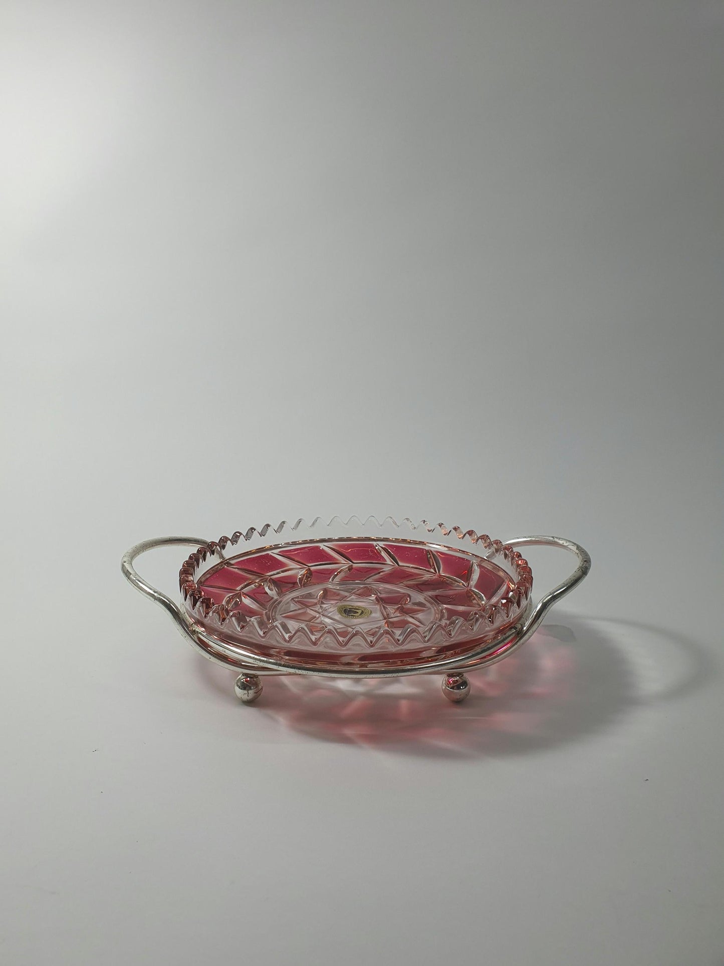 Mid Century Walther Kristallglas Dish with Chrome Serving handles. c 1960/70s
