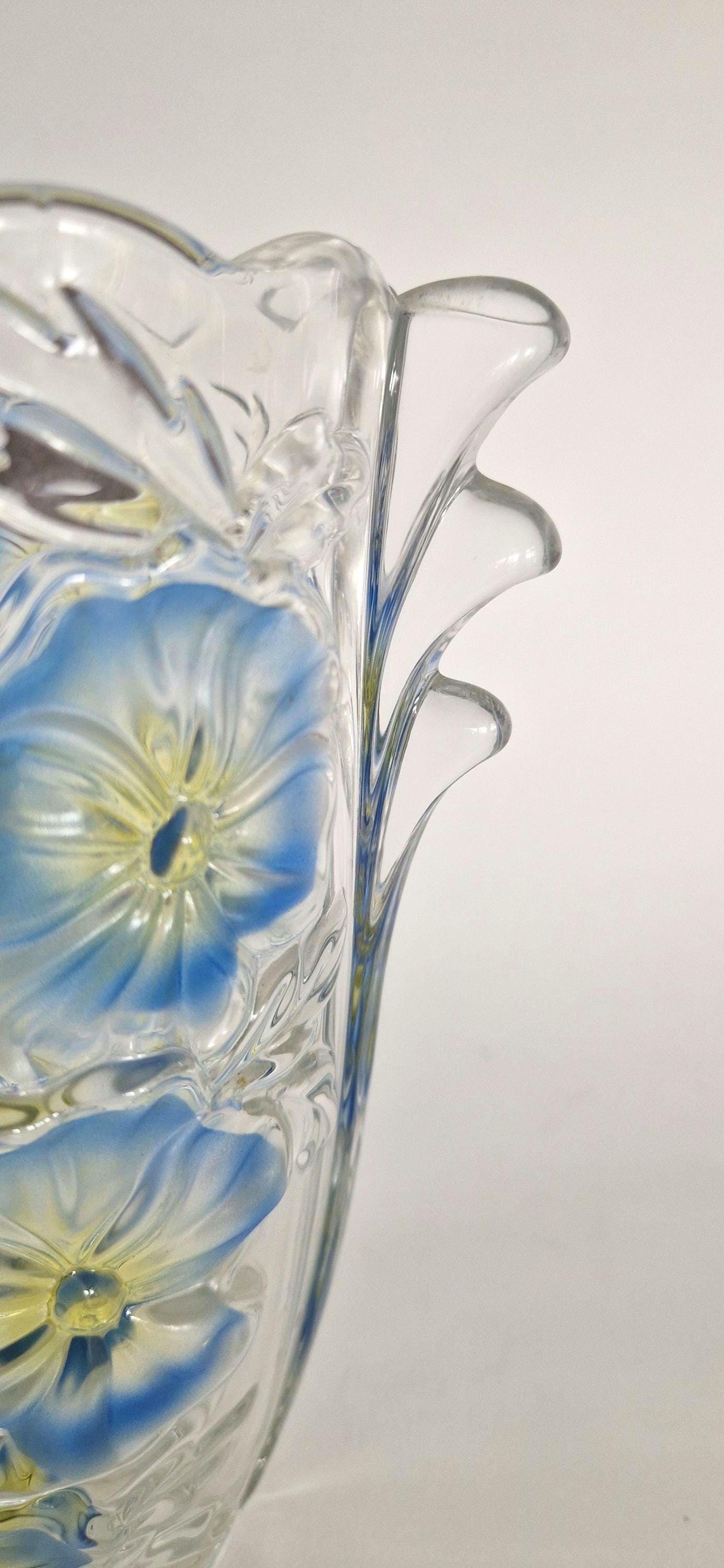 Vintage Walther Glas Blue and Yellow Daisy Vase. c1970s