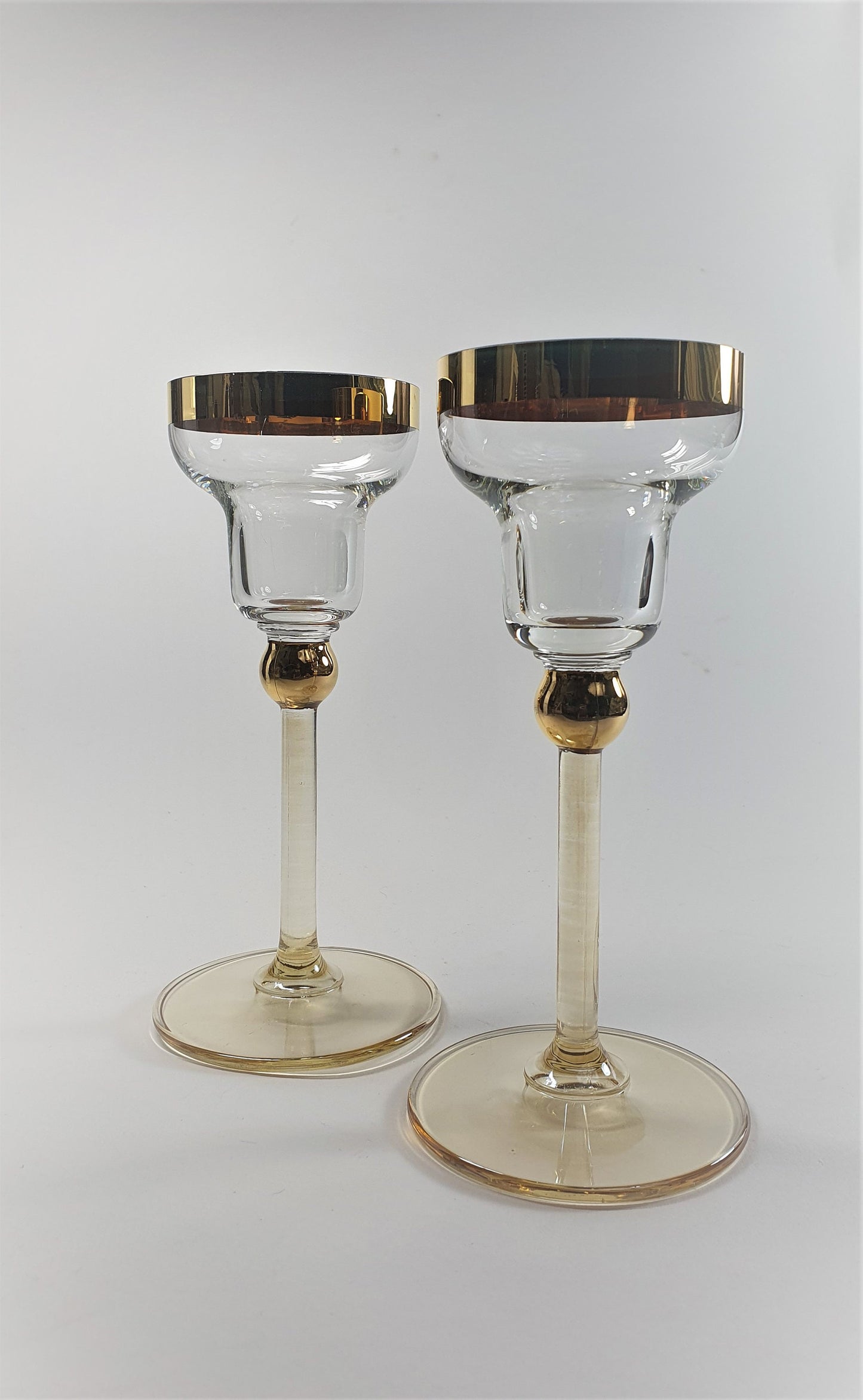 Vintage Glass Candle Holders: Margarita Style with Gold Rim, Pair