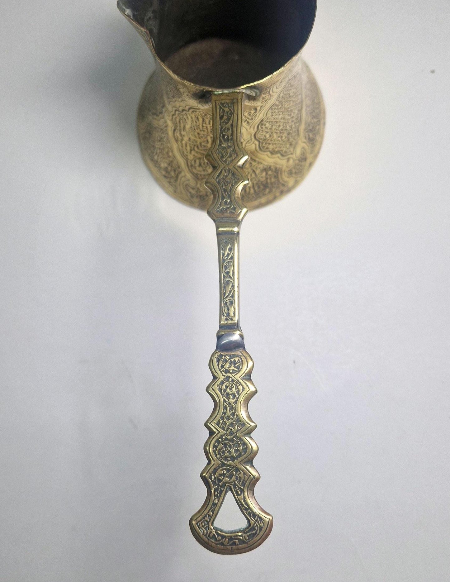 Vintage Turkish Brass Coffee Pot, Highly Ornate with Long Handle. Brass (21) anniversary wedding gift.
