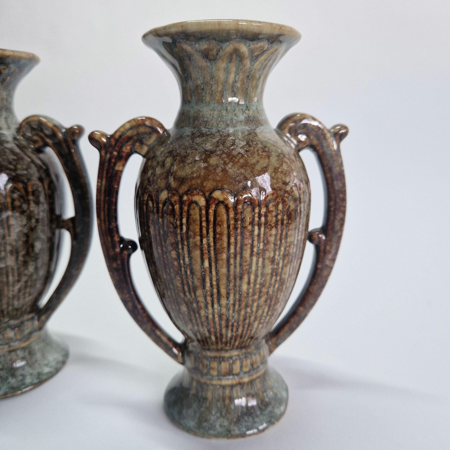 Vintage Grecian Urns: Brown & Grey Mottled Dripware Glaze, Mid Century Pair