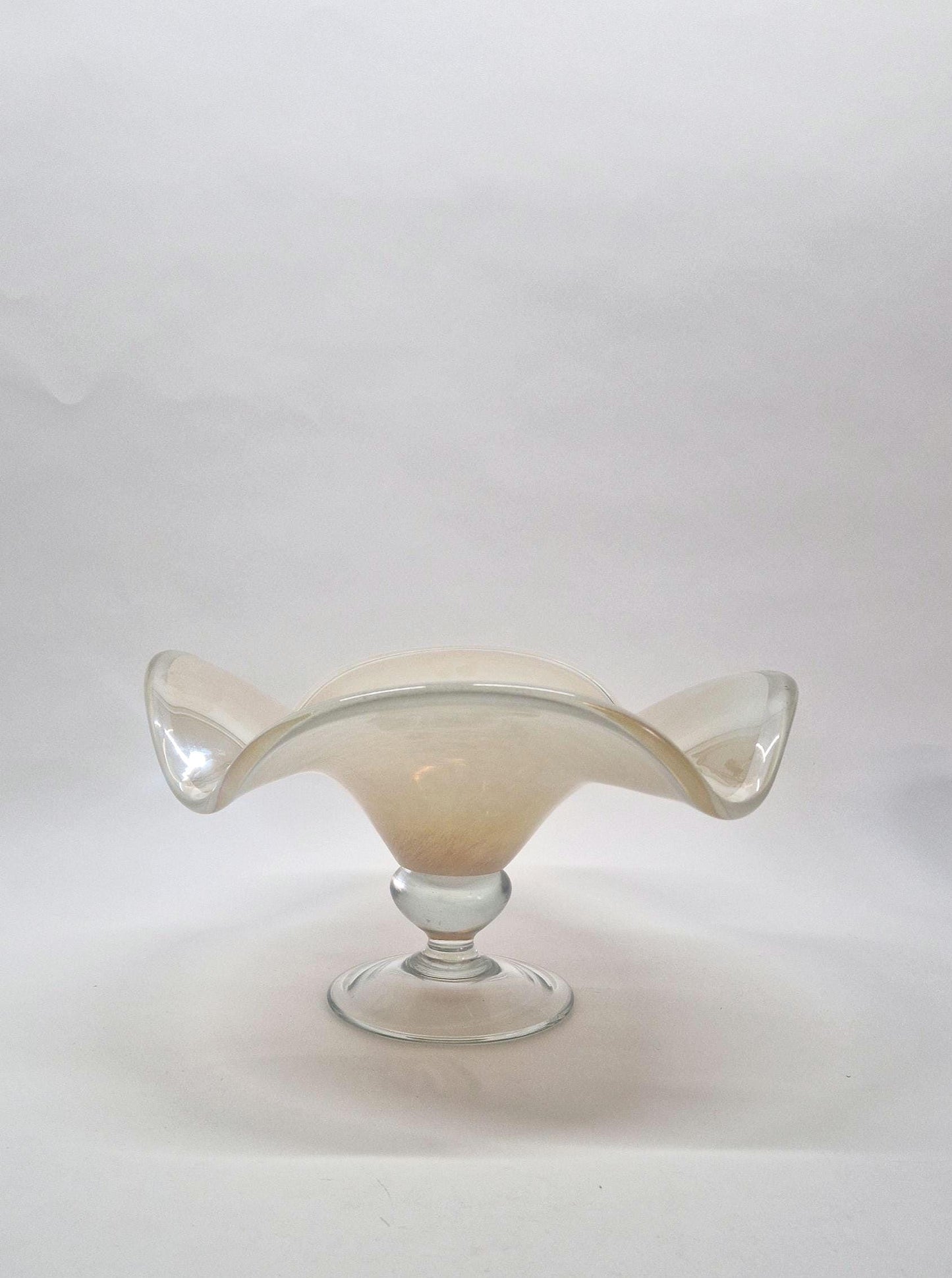 Vintage Wavy Pearlescent Glass Bowl, attributed to Tomarro, Murano Glass.
