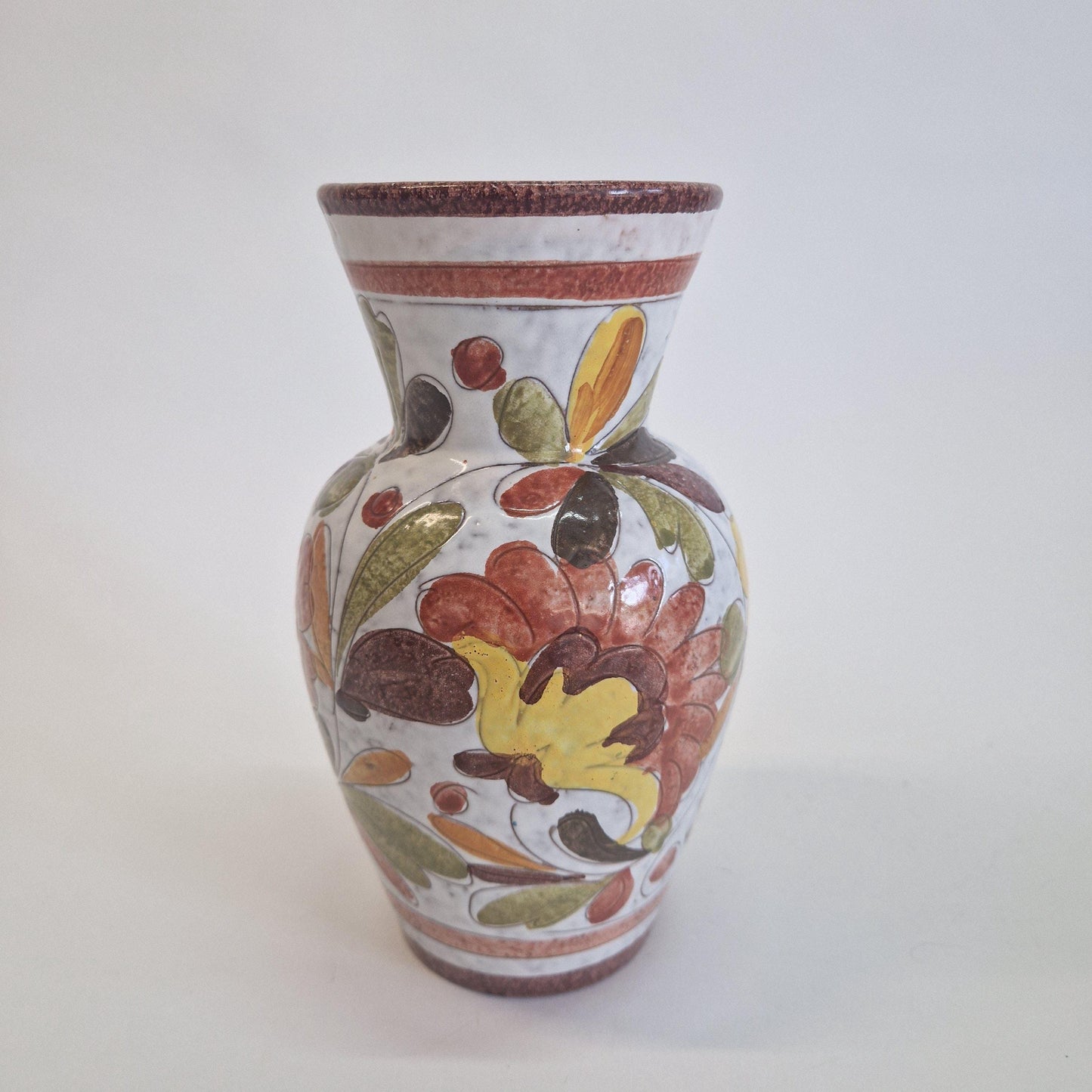 Mid Century Italian Vase, with Hand Painted Flowers and Leaves in Earth Tones.  c1960s