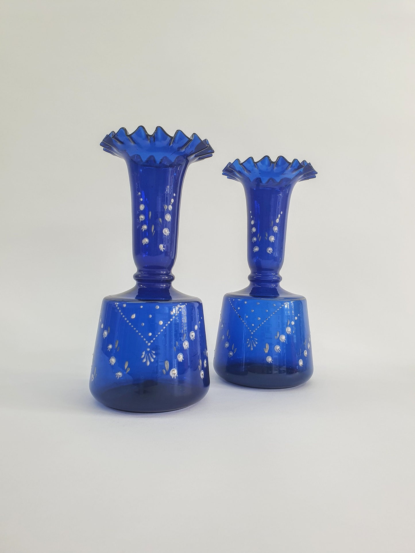 Pair of  Art Nouveau Bristol Blue Vases with Lily of the Valley flowers. 1890-1910