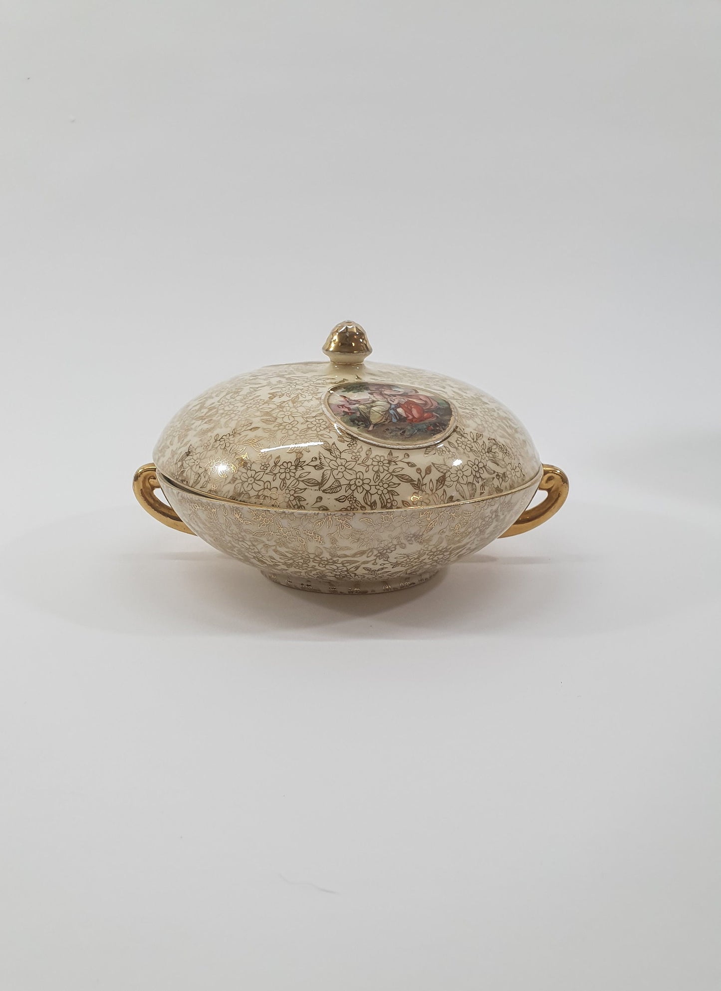 Vintage Empire Ware Chintz Bowl with Lid: Gold Floral Design, c1940-50s