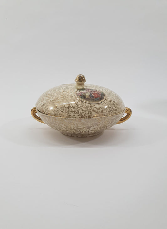 Vintage Empire Ware Chintz Bowl with Lid: Gold Floral Design, c1940-50s