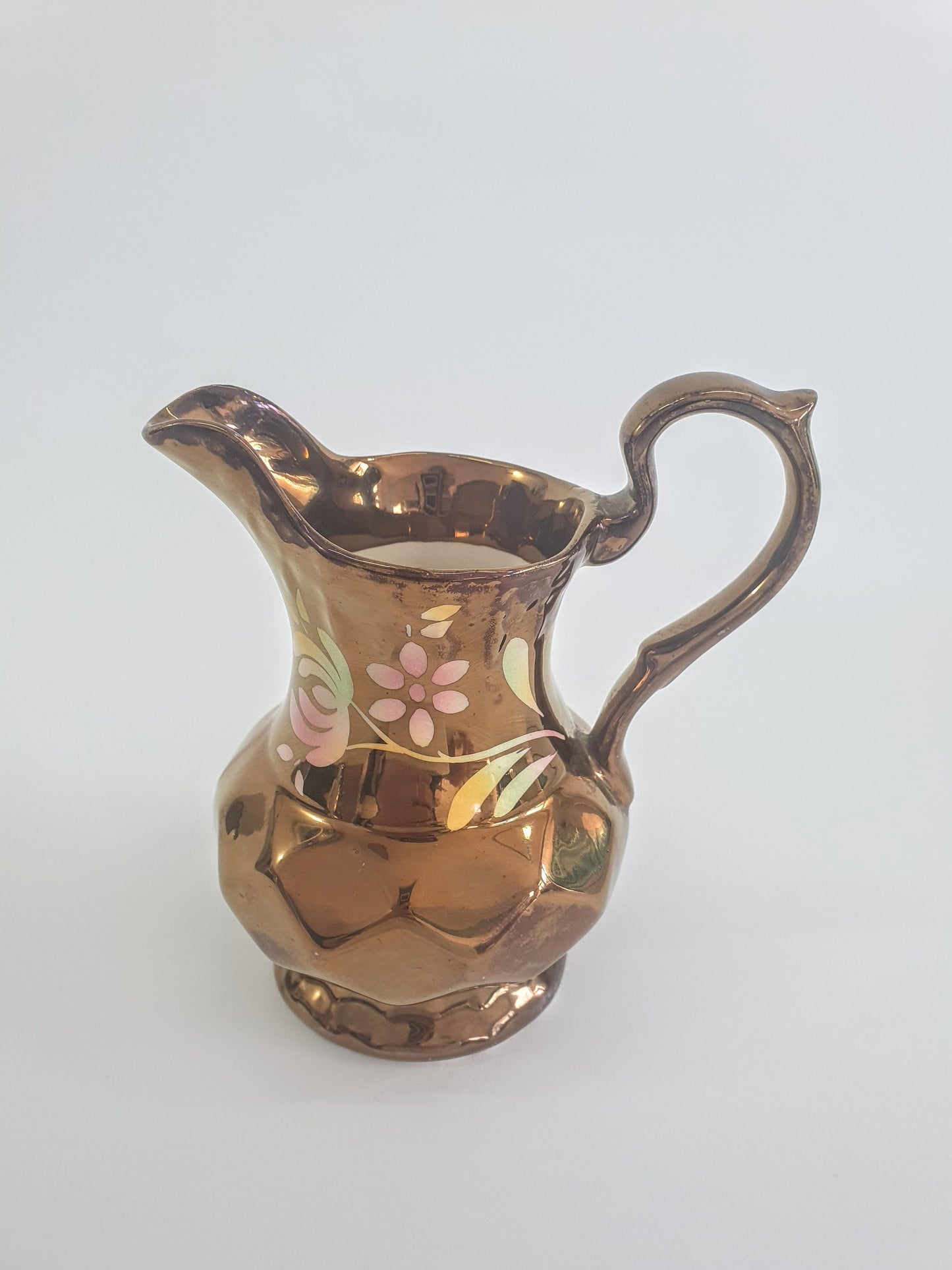 Vintage Wade Copper Lustre with Pink and Yellow Flowers Creamer, Jug, Pitcher. c1950s