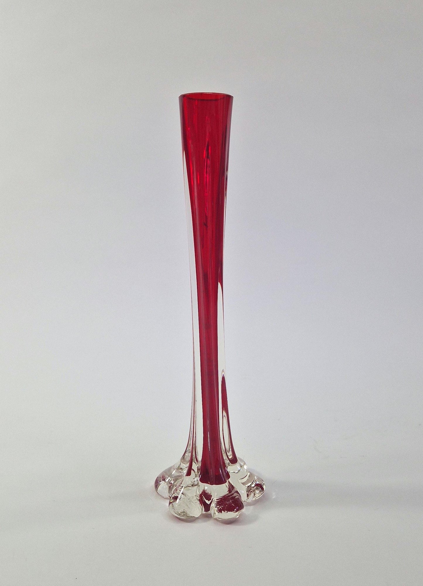 Vintage Solifleur Glass Vase. Straight Ribbed Glass with Elephant Foot. Mid Century Modern.