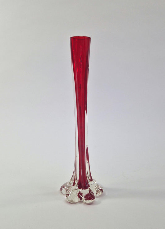 Vintage Solifleur Glass Vase. Straight Ribbed Glass with Elephant Foot. Mid Century Modern.