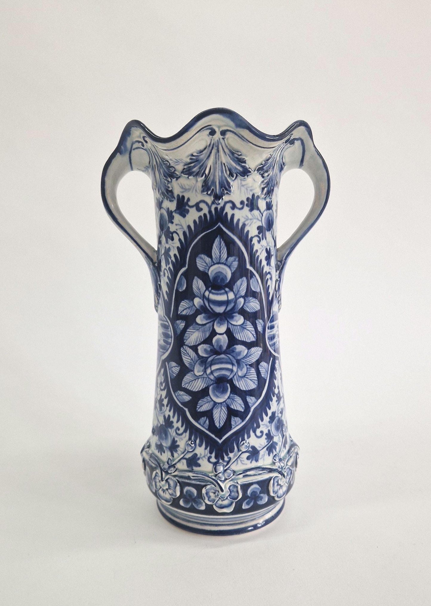 Vintage Blue and White Delft Vase with Handles, signed Digendorf. Hand Painted. c1880