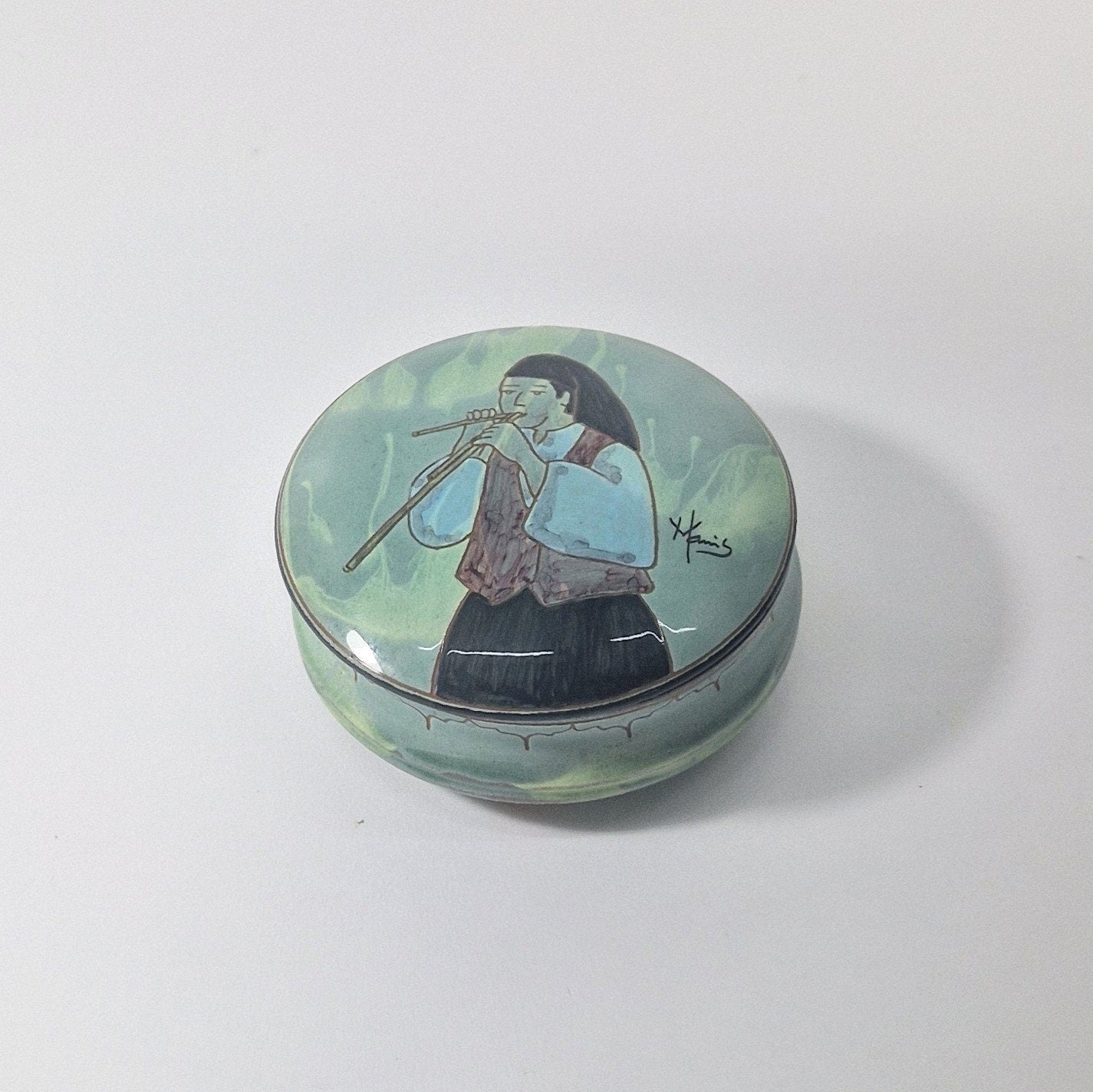 Vintage Italian Ceramic Jewellery Box with Lid, Hand-Painted. Pottery Signed. c 1985-90