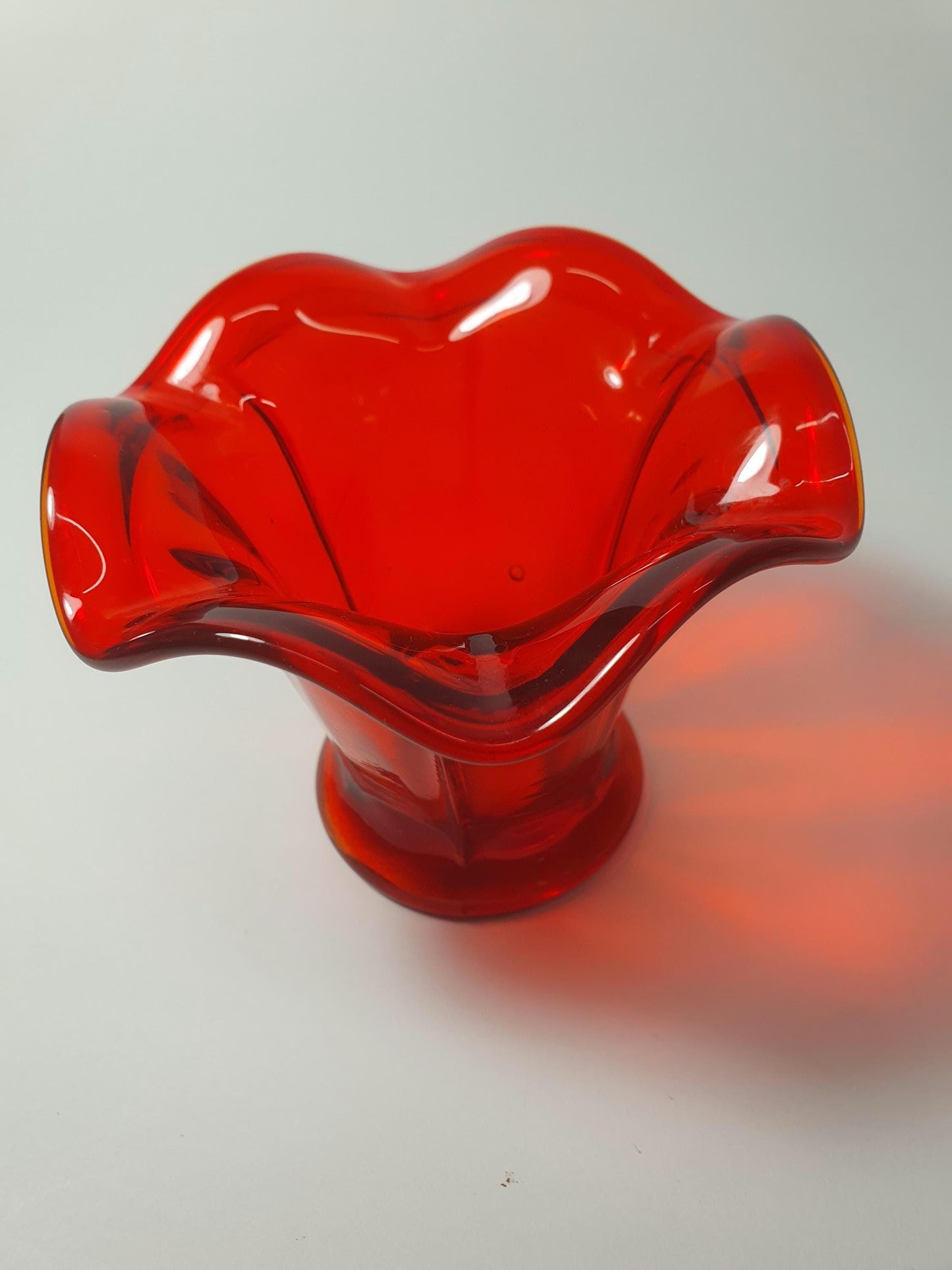 Mid Century Ruby Glass Posy Vase with Frill Rim.  c1960s