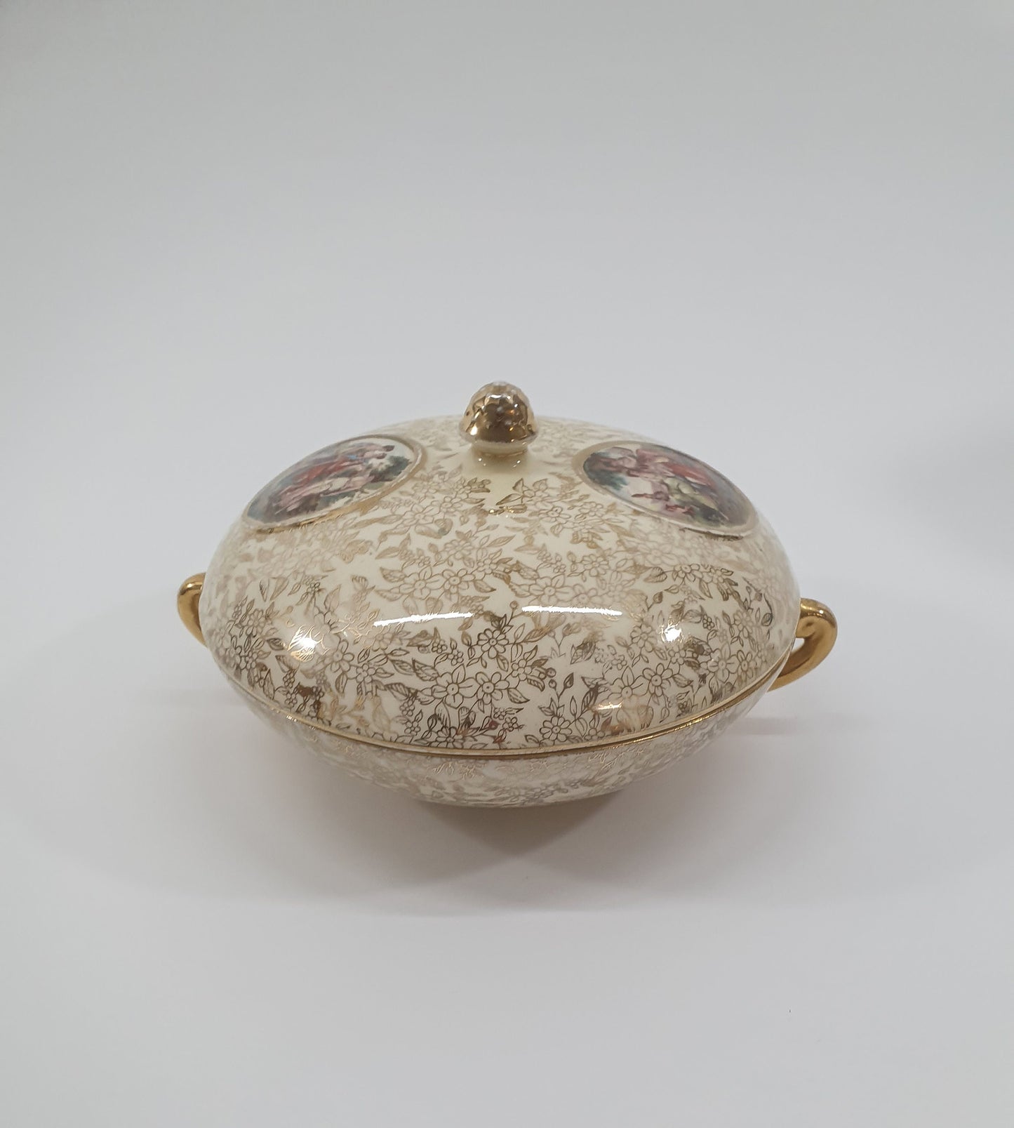Vintage Empire Ware Chintz Bowl with Lid: Gold Floral Design, c1940-50s