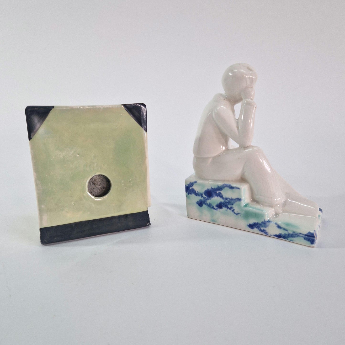 1930s Ornaments.  Jugendstil Children Bookend and German Thinking Man Bookend. Collectibles.  Ideal Stage props.