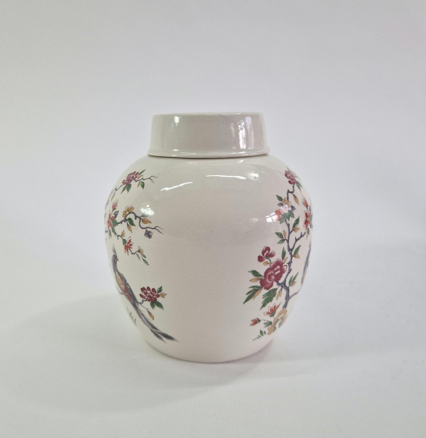 Large Vintage Ginger Jar with Bird of Paradise on Blossom Branch. Burleigh Ironstone. c1940