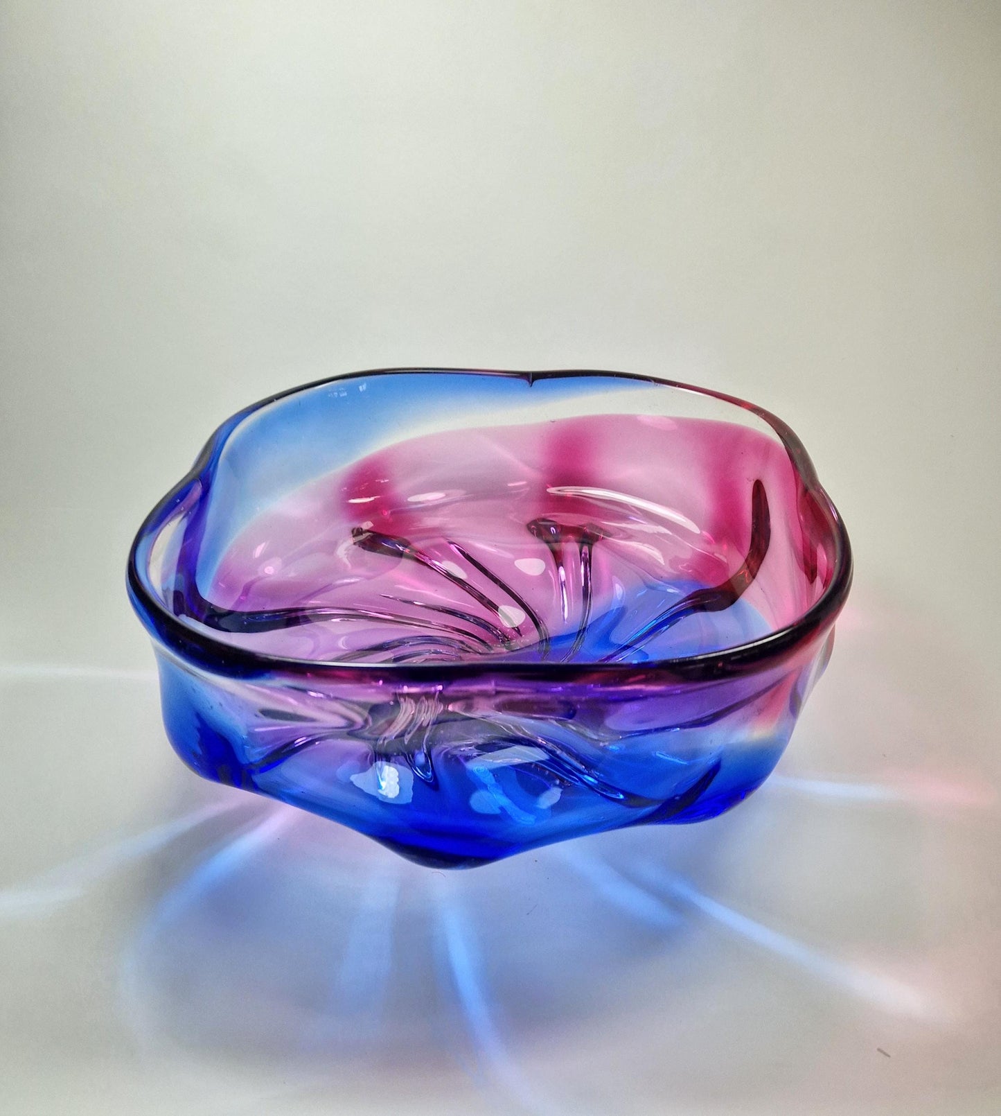 1960s  Magenta and Blue Murano Art Glass Fruit Bowl