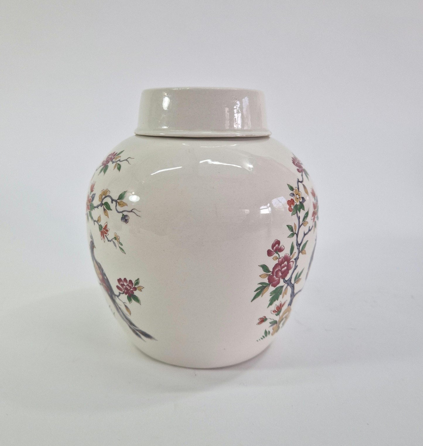 Large Vintage Ginger Jar with Bird of Paradise on Blossom Branch. Burleigh Ironstone. c1940