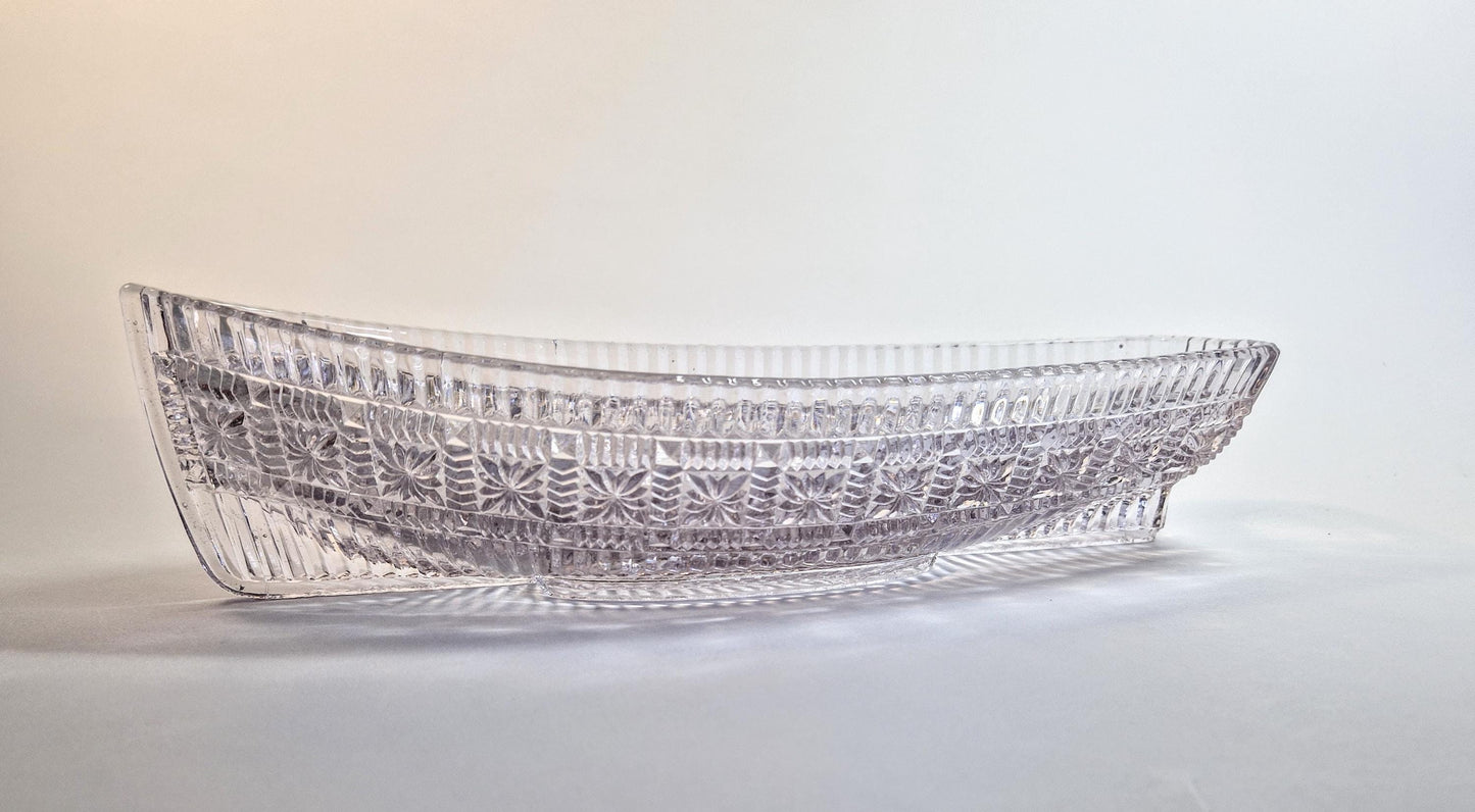 Sowerby Glass Daisy Block Row Boat, Hint of Pink Glass with Flower Blocks. c1886